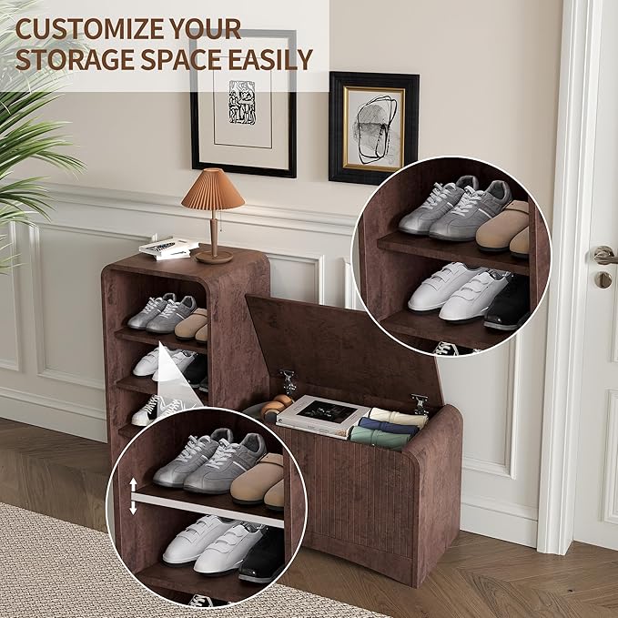 Shoe Cabinet with Bench, L-Shaped Shoe Storage Cabinet, Wood Tall Shoe Rack