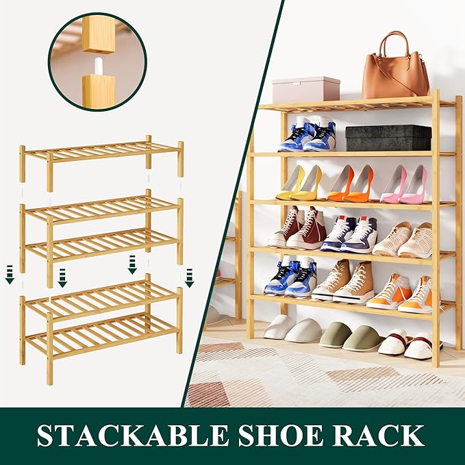 Smiry Bamboo Shoe Rack, 6 Tier Free Standing Wooden Shoe Organizer, Stackable Wood Shoe Storage Shelf for Closet, Entryway, 12 Vertical Slats, 2+2+2 Stack Standard Legs, 26.8"x11"x39", Natural