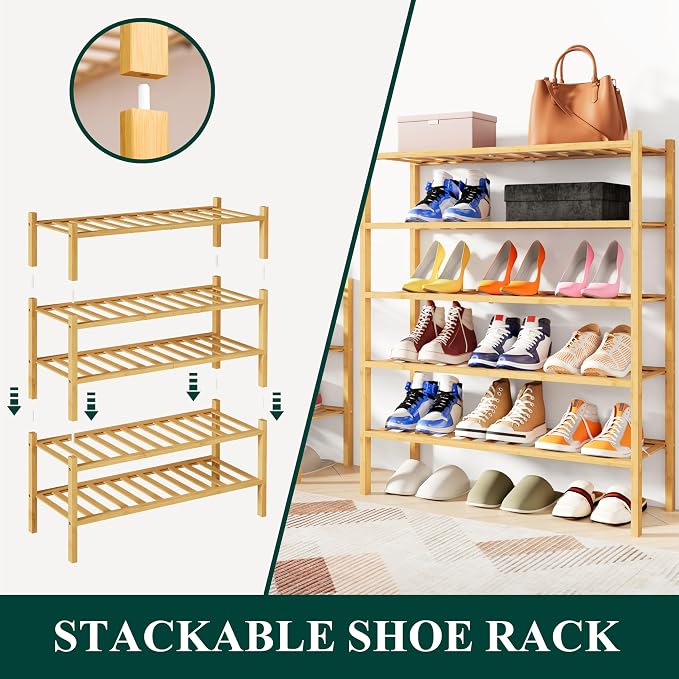 Smiry Bamboo Shoe Rack, 4 Tier Free Standing Wooden Shoe Organizer, Stackable Wood Shoe Storage Shelf for Closet, Entryway, 12 Vertical Slats, 2+2 Stack Standard Legs, 26.8"x11"x26", Natural
