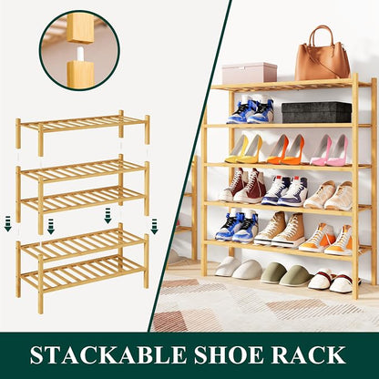 Smiry Bamboo Shoe Rack, 3 Tier Free Standing Wooden Shoe Organizer, Stackable Wood Shoe Storage Shelf for Closet, Entryway, 12 Vertical Slats, 2+1 Stack Standard Legs, 26.8"x11"x19.5", Natural