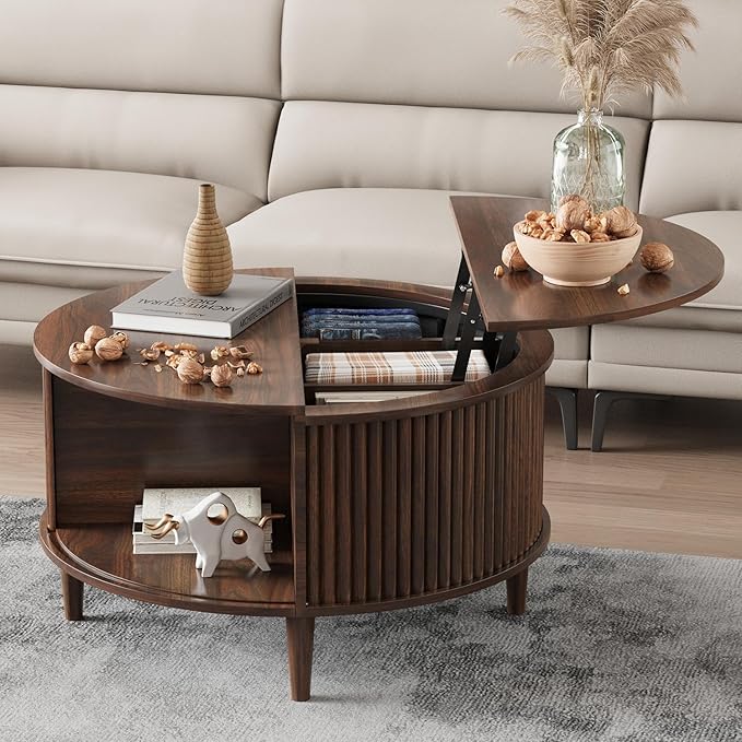 Round Coffee Table with Storage, Fluted Lift Top Coffee Table