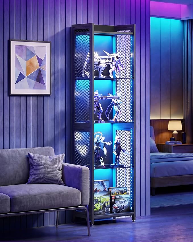 AODK Display Case with LED Lights, Display Cabinet with Open Glass Shelves