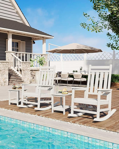 GarveeLife Poly Lumber Rocking Chair Outdoor Set of 4 - HDPE High Back Porch Rocker Chairs for Adults - All Weather Resistant Furniture for Patio - White