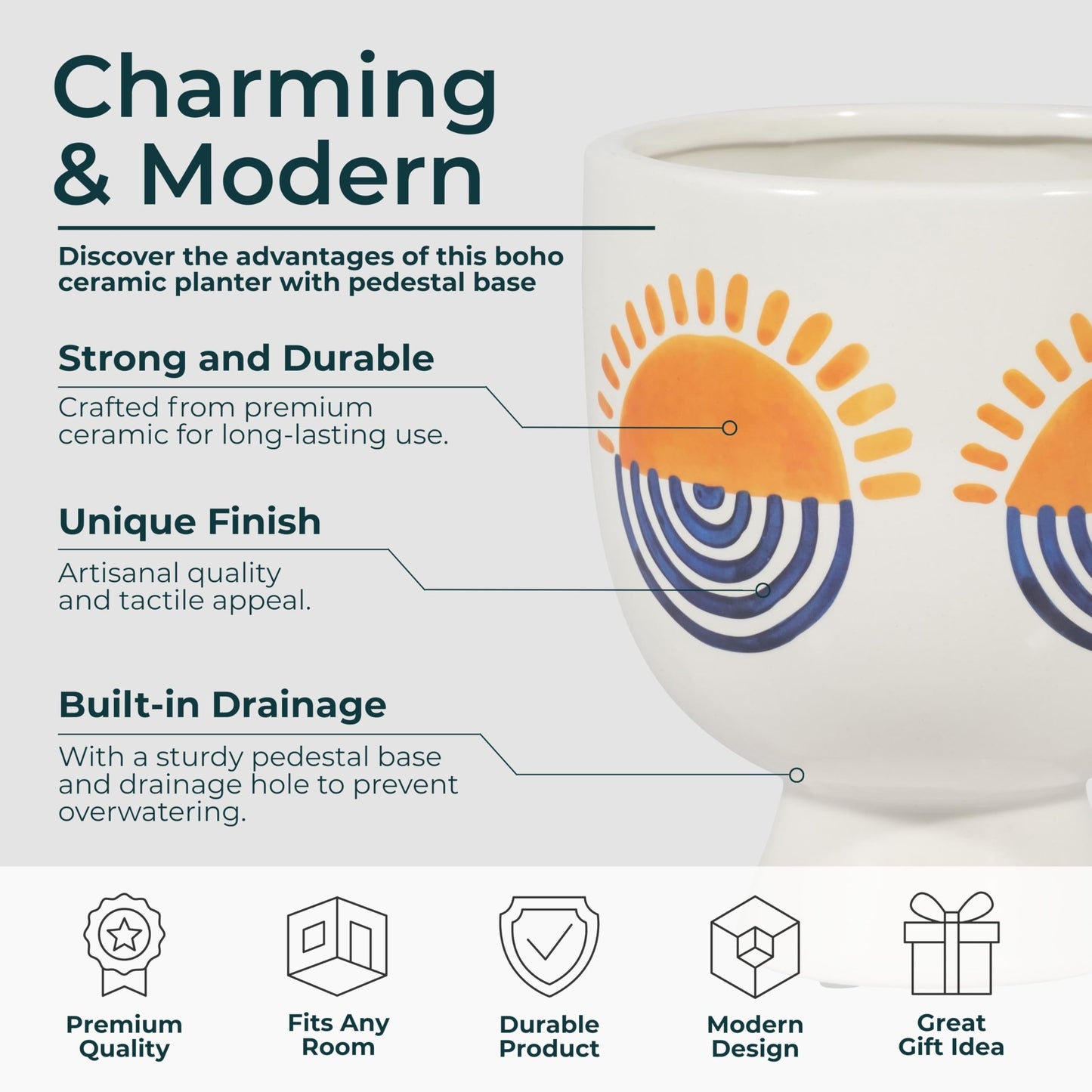 Sagebrook Home Boho Ceramic Planter with Pedestal Base - Hand-Painted Stoneware Plant Pot for Home & Garden - Modern Decorative Design - 7" White