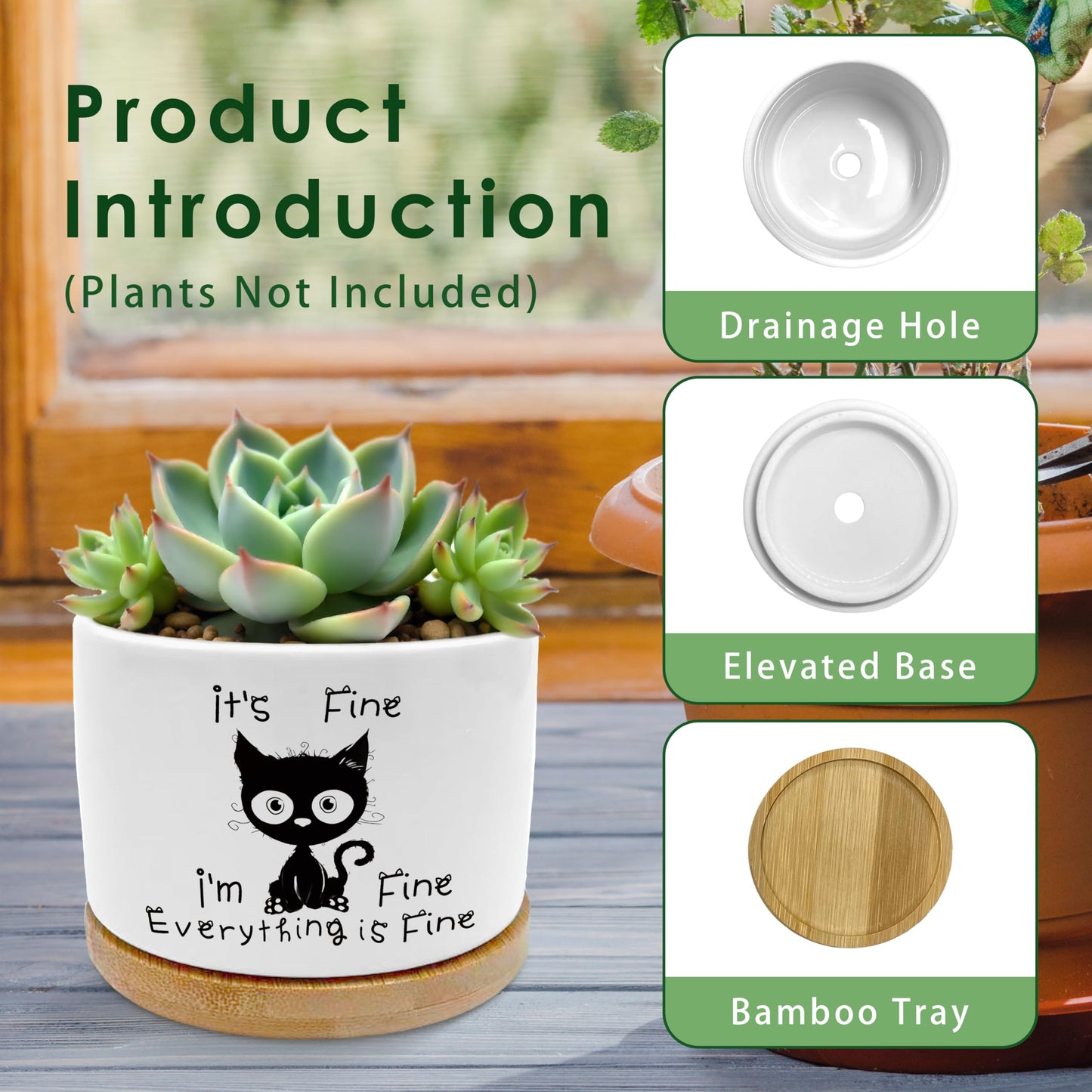 ROXMART Funny Office Black Cat Plant Pots, Cat Lover Gifts Succulent Planters, It's Fine Everything is Fine Sarcastic Ceramic Plant Flower Pots for Home Office Desk Table Shelf(No Plants)