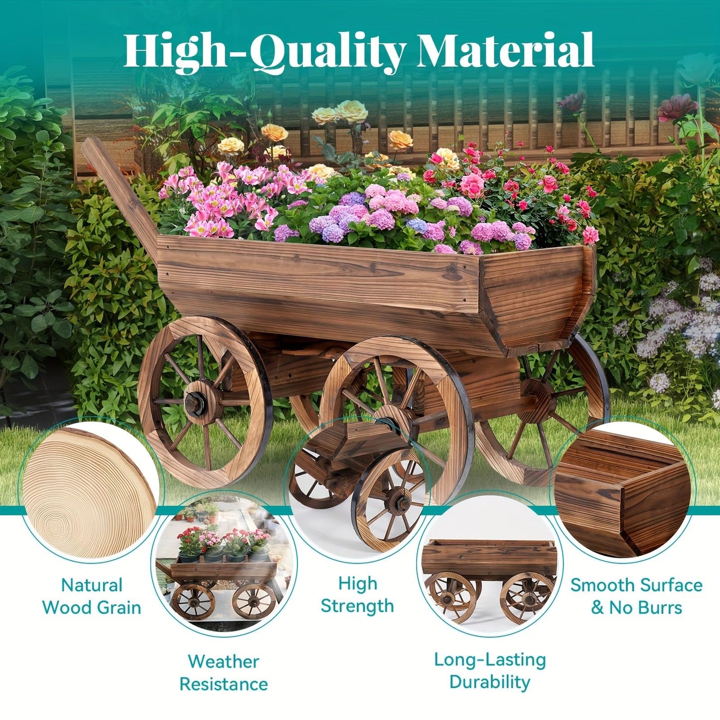 MFSH Wood Wagon Flower Planter Pot Stand W/Wheels Home Garden Outdoor Decor-41INCH