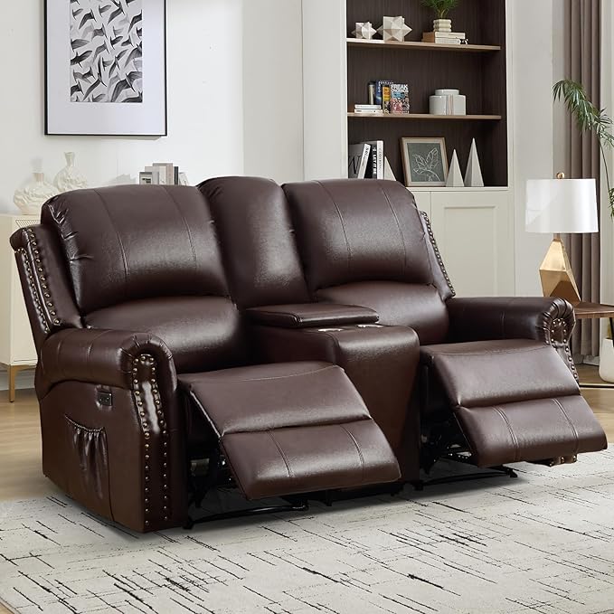 EBELLO Power Reclining Loveseat, Faux Leather Double Recliner Sofa