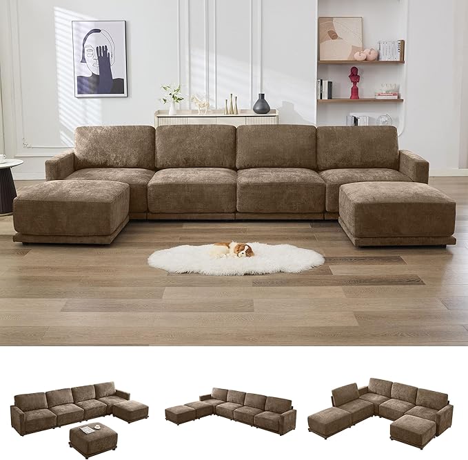 143.8" Modular U Shaped Sofa, Oversized Sectional Cloud Couch, 6 Seater Deep