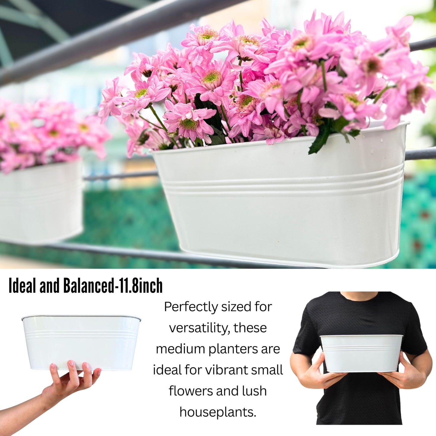 LaLaGreen Rail Planter Outdoor (6 Pack, 11.8 Inch) White Metal Iron Hanging Flower Pots Deck Railings Fence Buckets Modern Countryside Boho Style Wall Mount Window Box Plant Holder Hooks Porch Decor
