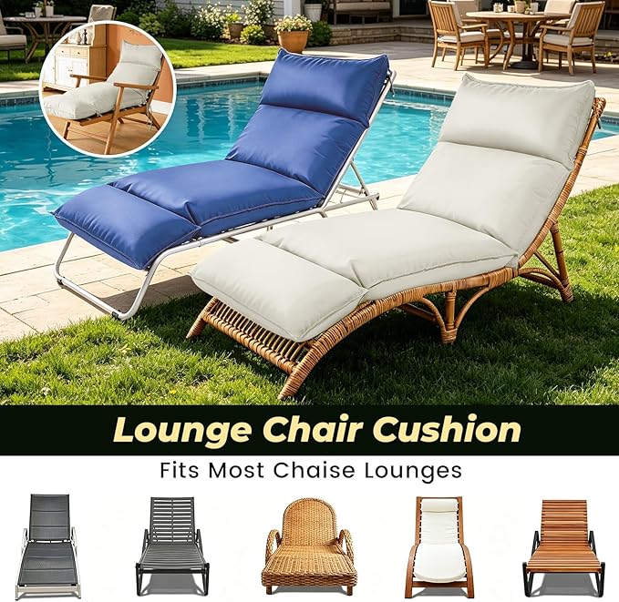 Outdoor Chaise Lounge Chair Cushion, Waterproof Non-Slip Patio Chaise Lounge