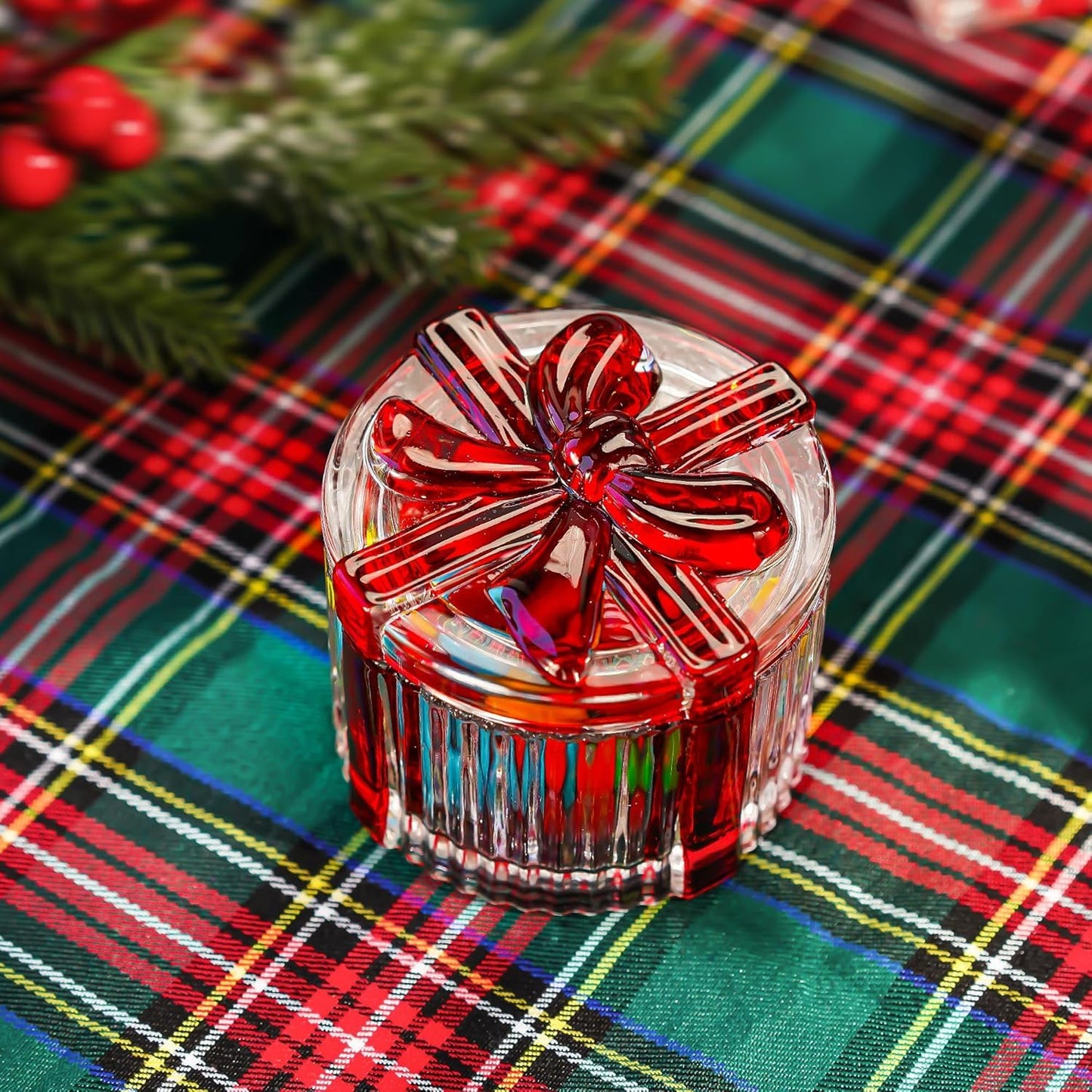 kanpura 2 Pcs Peppermint Candy Christmas Dishes Crystal Candy Jar with Lid Small Xmas Round Sugar Bowl for Xmas Party Supply(2.6 x 3.2 Inch)