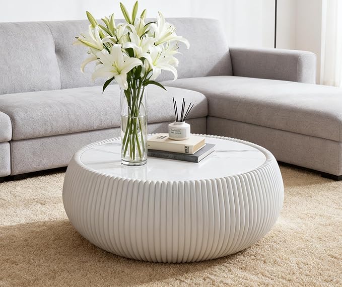 SSLine Round Drum Coffee Table Modern Sintered Stone Top Coffee Table in Cream