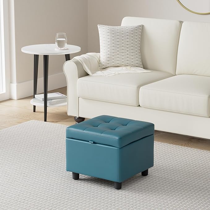 H&B Luxuries Tufted Leather Square Flip Top Storage Ottoman Cube Foot Rest