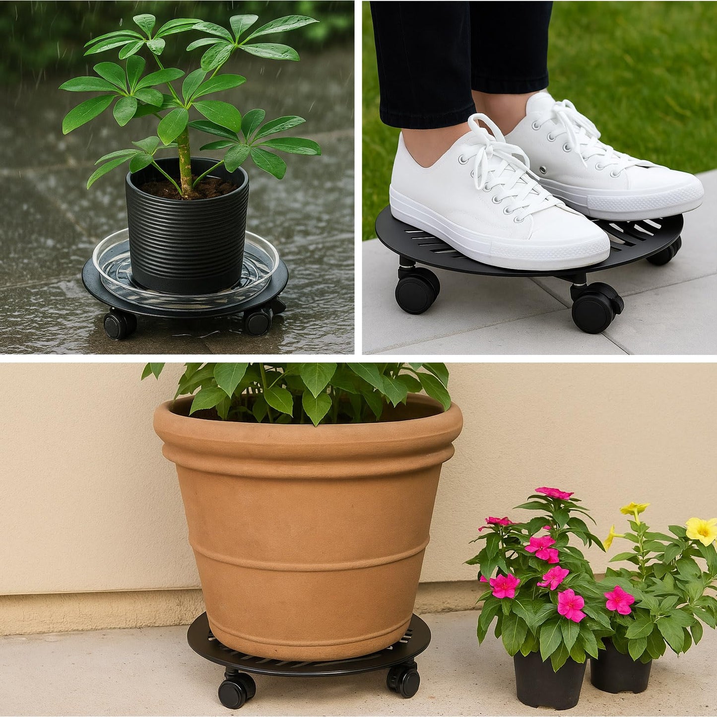 3 Packs 13 inches Large Metal Plant Caddy with PU Wheels Heav-duty Rolling Plant Stands Indoor Outdoor Wheeled Plant Dolly Coasters Flower Pot Mover Rollers Plant Trolley Cart, Plant Saucers Included