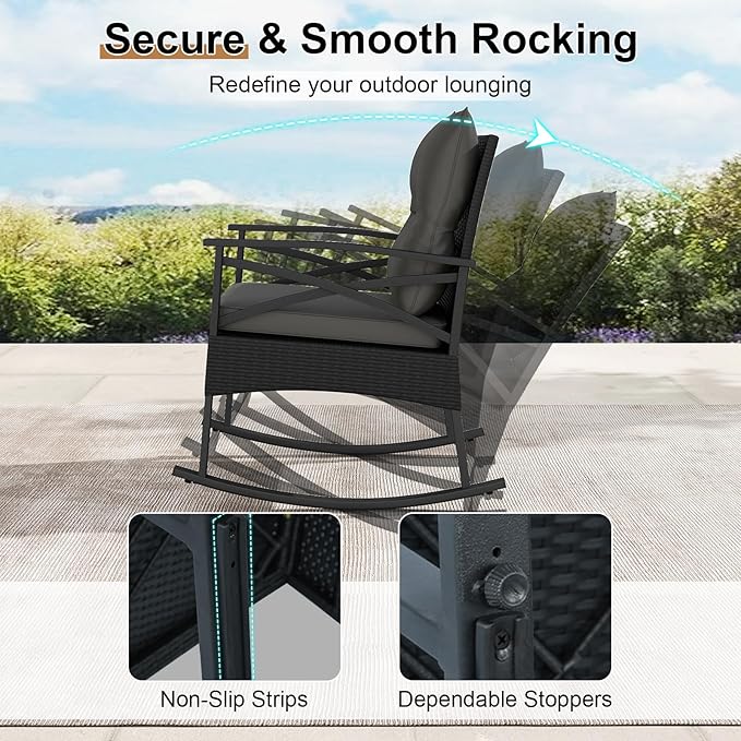 Tangkula 3 Pieces Outdoor Rocking Chairs Set, Rattan Heavy Duty Cushioned