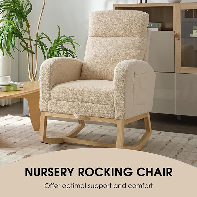 NIOIIKIT Modern Nursery Rocking Chair, Teddy Upholstered Rocking Chair
