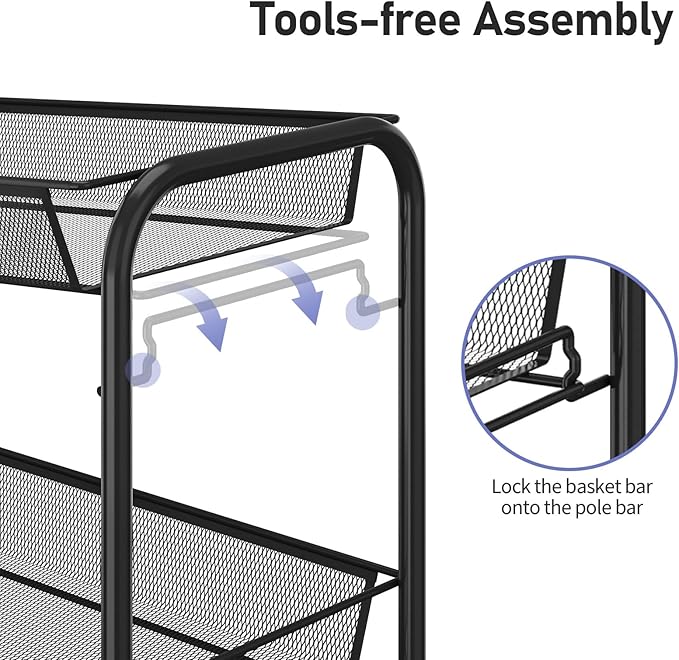 TOOLF 3-Tier Metal Rolling Cart, Mesh Wire Easy Assemble Utility Cart, Storage