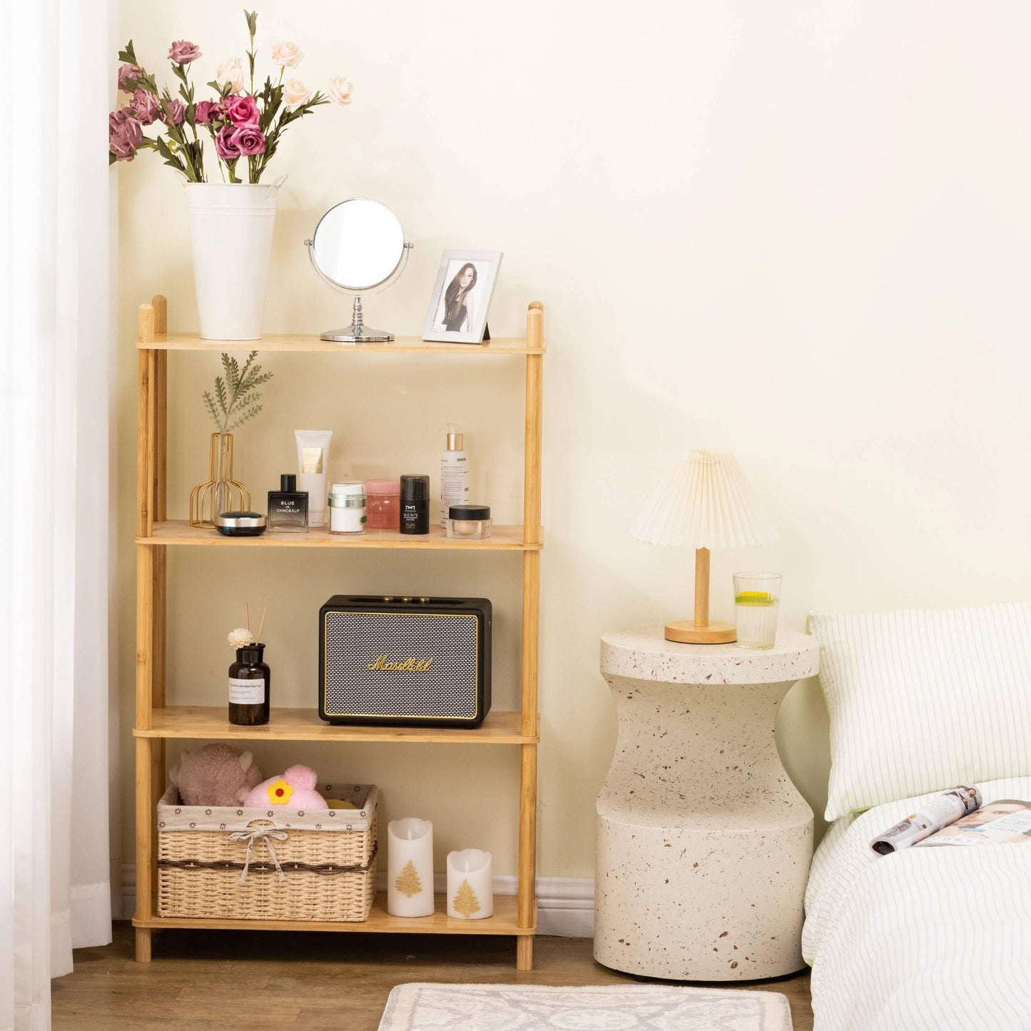 WooFawn 4-Tier Expandable Freestanding Open Bamboo Book Shelf - No-Tool Assembly & Modular,Bathroom Storage Shelf Unit Plant Stand for Small Space, Bedroom, Living Room, Home Office (Natural, 4-Tier)