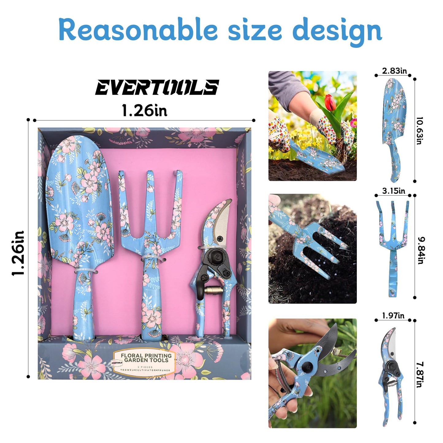 Evertools Garden Tool Set, 3 Piece Floral Gardening Tools for Women, Aluminum Gardening Hand Tools with Trowel, Hand Rake & Pruning Shears, Ergonomic Garden Tools for Indoor Outdoor Gardening