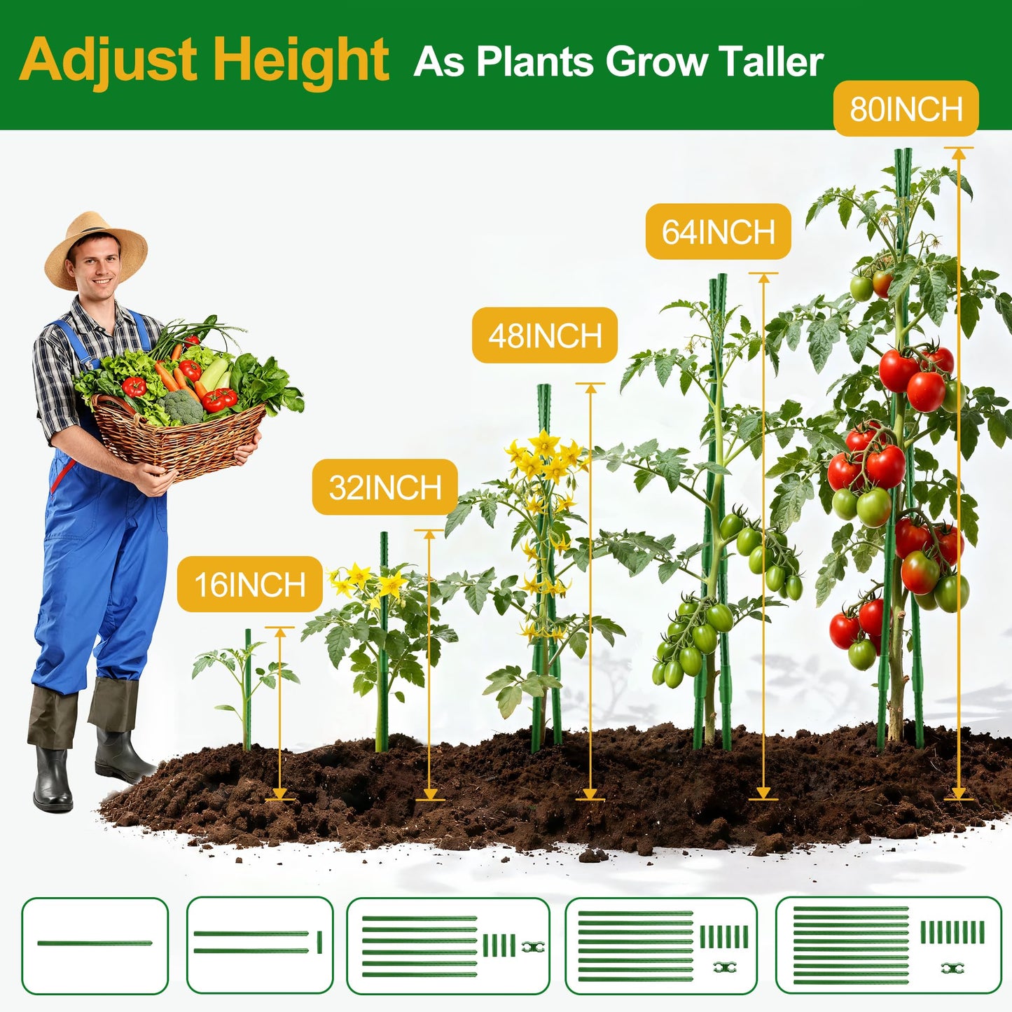 WAENLIR Garden Stakes16 Inch 72 Pack, Tomato cage DIY 4ft 5ft 6ft 7ft 8ft Plant Support Stakes with Connectors and Clips, Plastic Coated Metal Sticks for Tomato Indoor Outdoor