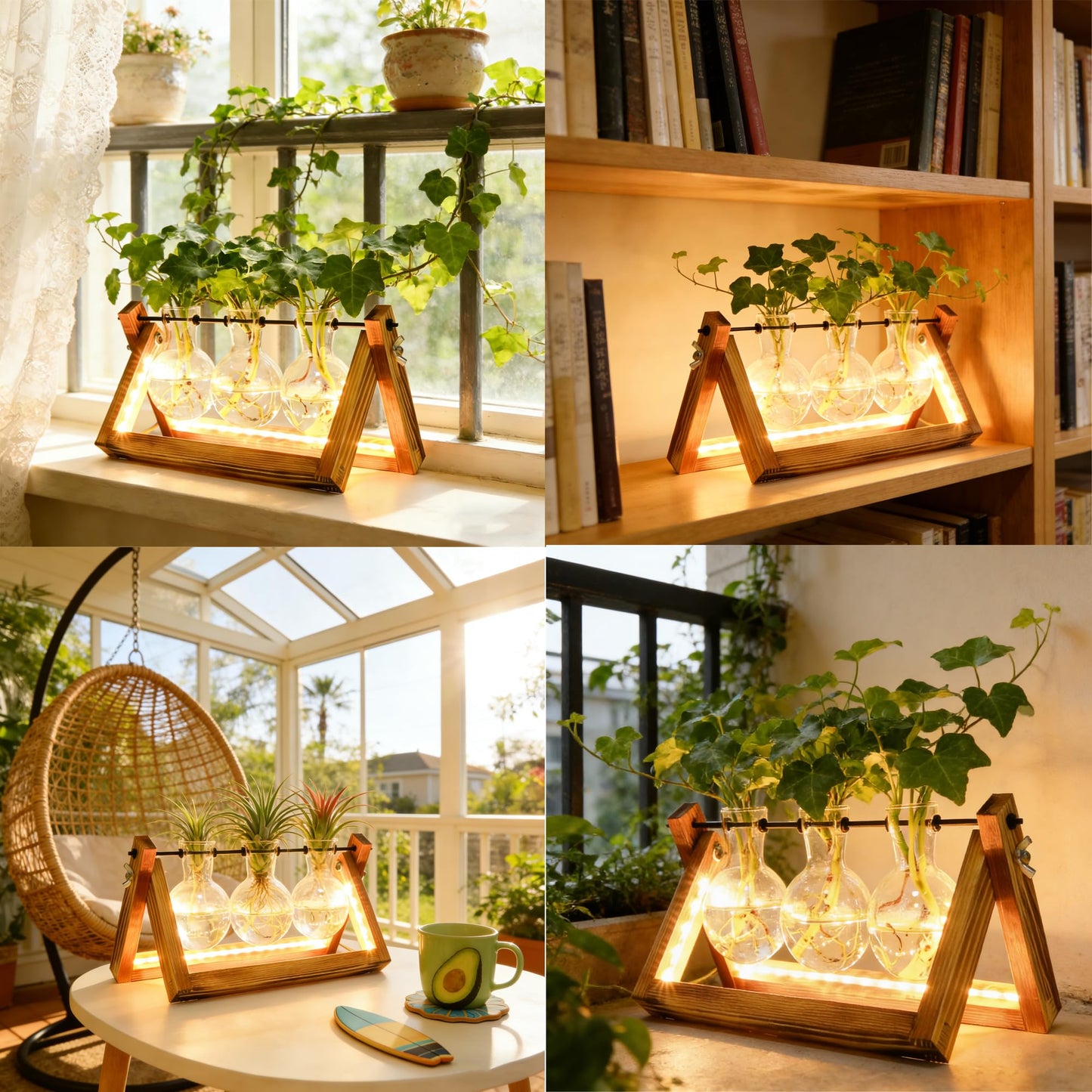 Plant Propagation Stations with LED Lights, Plants Terrarium with Retro Wooden Stand Glass Vase Hydroponics Planter Birthday Gift for Plant Lovers Home Garden Office Indoor Decoration-3 Bulb Vase
