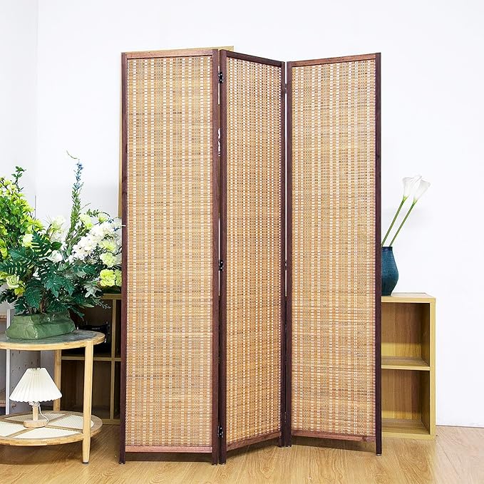 3 Panel Bamboo Room Divider Screen, 5.6 FT Tall Bamboo Divider Folding Panel