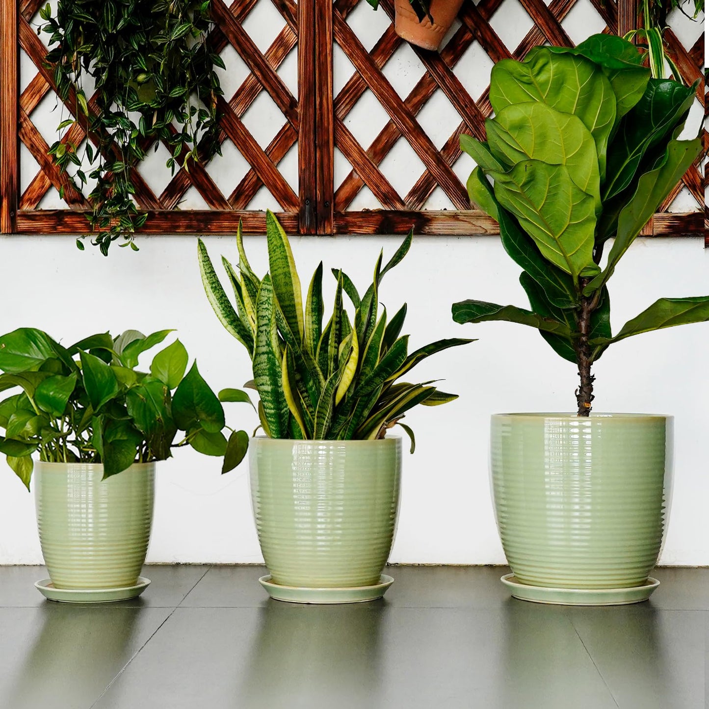 EPFamily Ceramic Pots for Plants - Modern Round 8 Inch Planter with Drainage Hole and Plant Saucer for Flower Indoor Outdoor, Home Decor, House Warming Gifts, Green