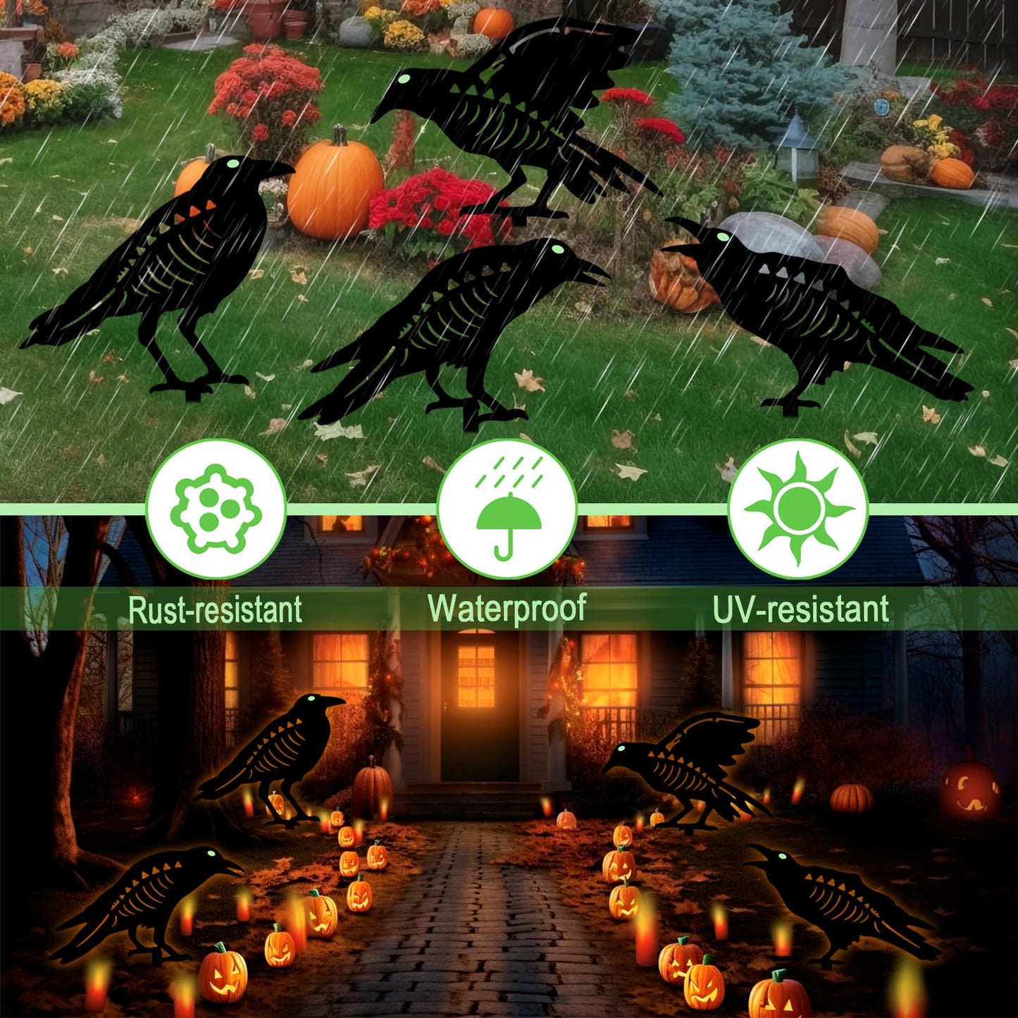 Hokfirm Halloween Black Crow Garden Stake Decor 4 Pack Scary Raven Silhouette Metal Yard Signs with Glow-in-The-Dark Eyes for Outdoor Halloween Decorations (Crow Black)