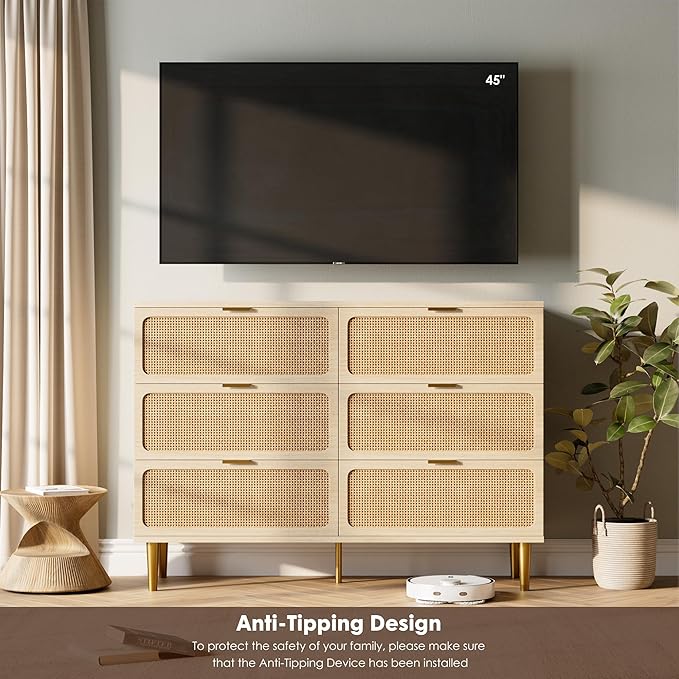 GarveeHome Rattan 6 Drawer Dresser