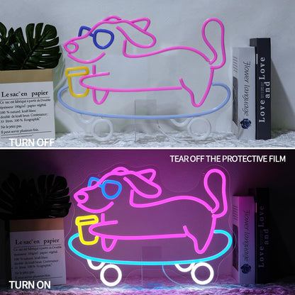 Runalosa Skateboarding Dachshund Neon Sign Dimmable Skateboard Dog Neon Light Sign for Wall Decor Cute Led Signs for Bar Cafe Party Bedroom Pet Shop Kids Room Decor Birthday Gift 16.5" x 12.2"