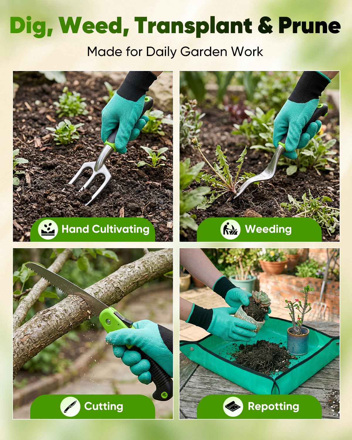 Garden Tool Set Gardening Tools - Heavy Duty Aluminum Tool Kit with Non-Slip Handle, Gardening Gloves and Tool Bag for Weeding, Planting and Pruning, Gifts for Women Mom (Green Set)