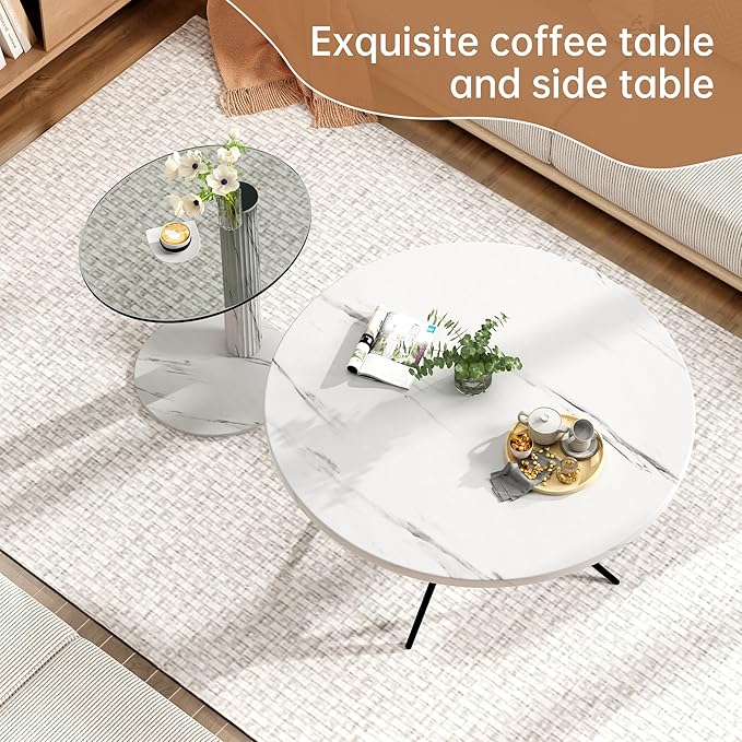Hooseng Set of 2 Round Coffee Tables, Faux Marble Top and Modern Tempered