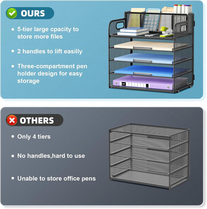 Marbrasse 5 Tier Paper Organizer with 3 Pen Holders, Mesh Desk File Organizer with Handle, Paper Sorter Desk Organizer for Home Office Supplies(Black)