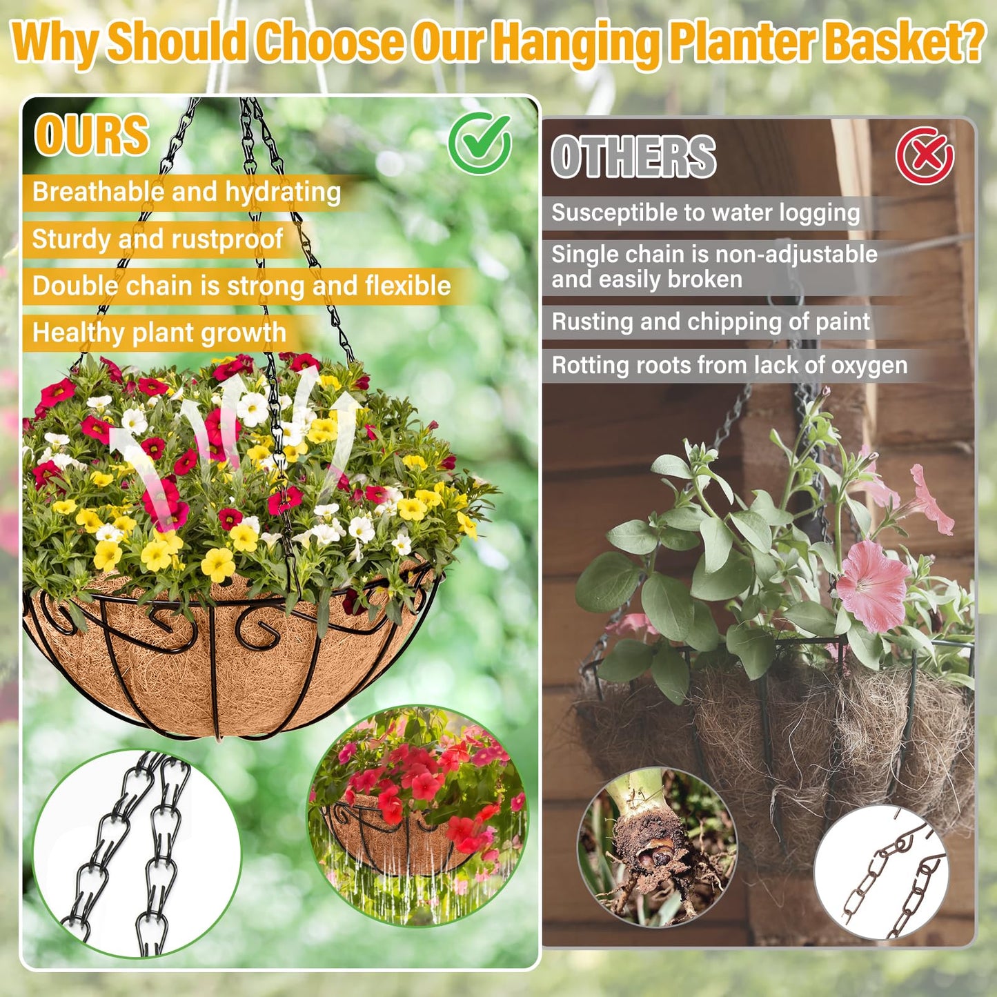 Legigo 6 Pack 12 Inch Metal Hanging Baskets for Plants Outdoor- Round Wire Hanging Planters Basket with Coconut Coir Liner, Hanging Flower Pot for Outdoor Plants Flowers Garden Decorations
