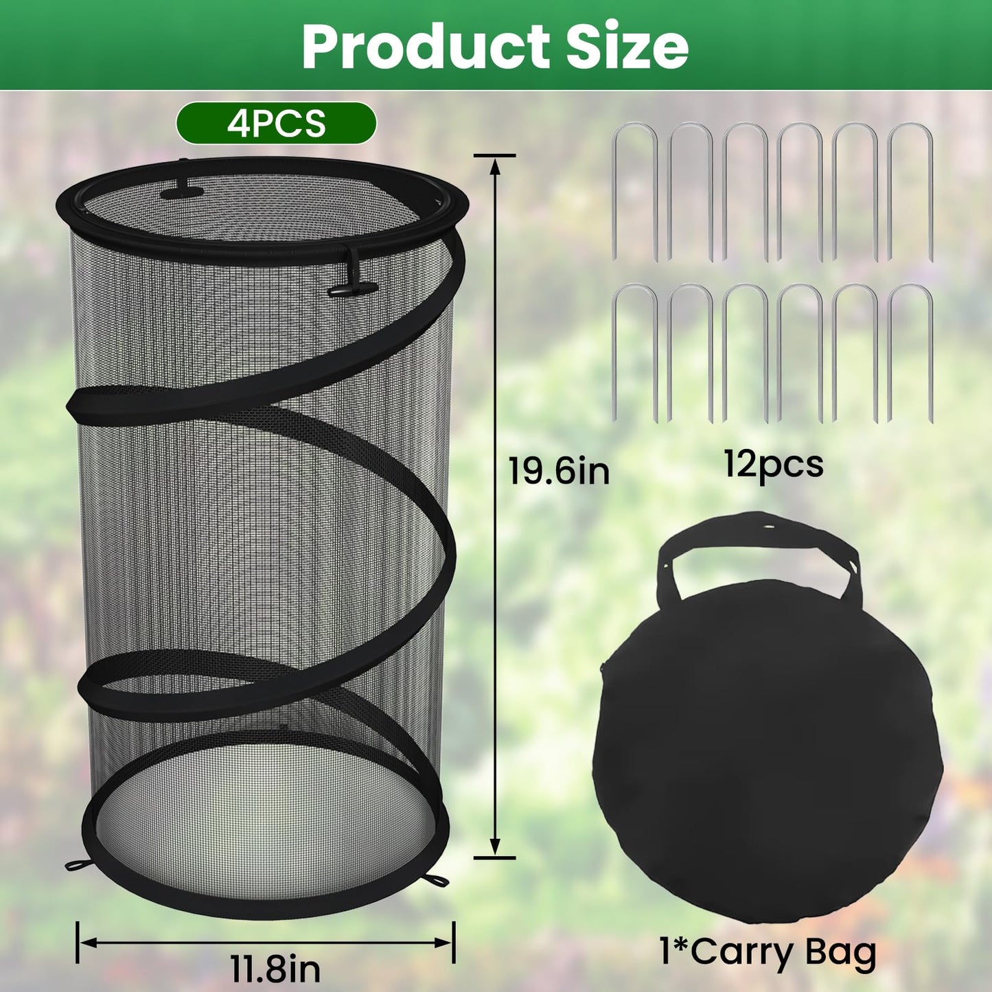 4 Pack Pop up Plant Guard Covers Tent from Animals Black, 19.6" x 11.8" Foldable Plant Protectors Mesh Net, Garden Plant Enclosure Protection Cage with Stakes & Carry Bag for Outdoor Plants