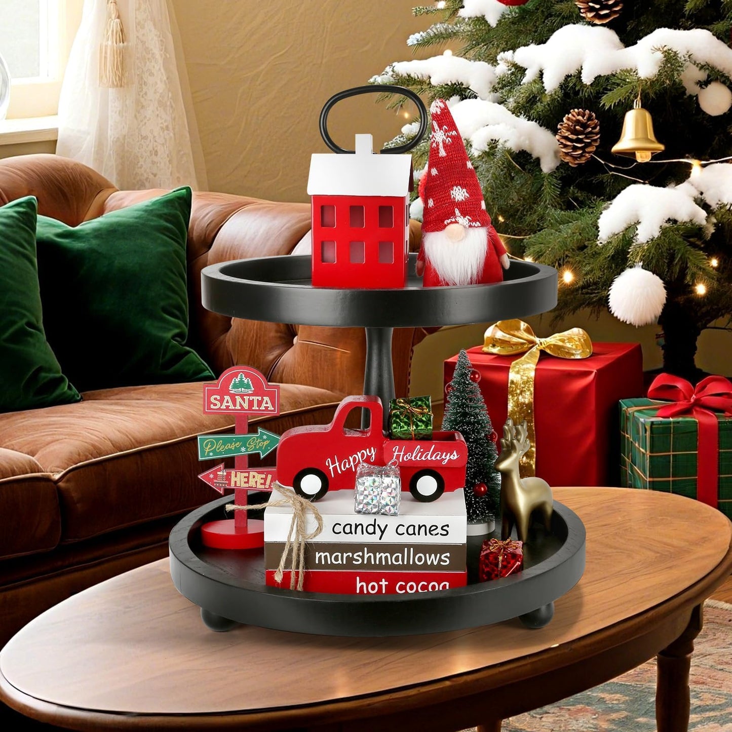 Christmas Decoration 7PCS Table Centerpieces, Tabletop Christmas Tiered Tray Shelf Mantel Fireplace Coffee Bar Office Desk Decor Farmhouse Xmas Wood Faux Book Sign and Gift Boxes Holiday Decoration