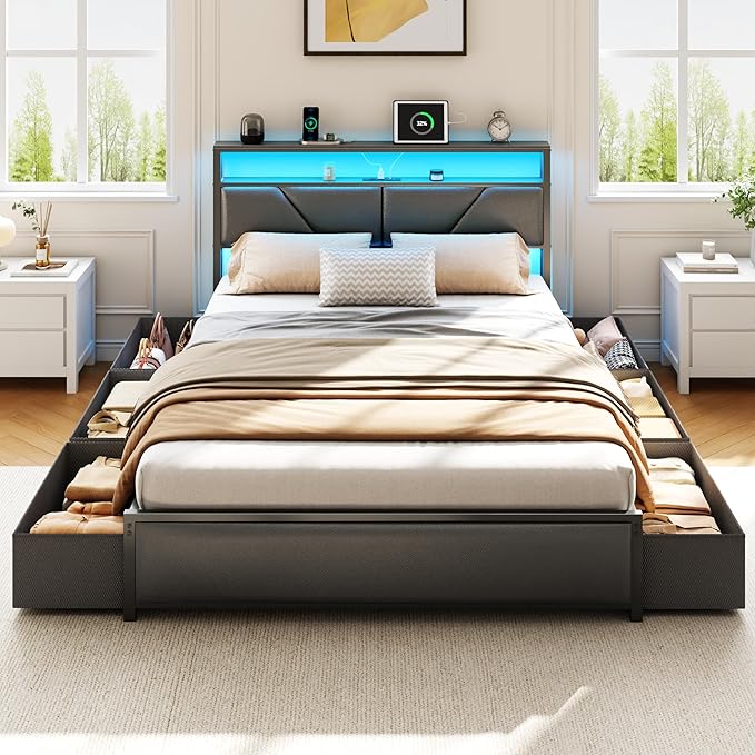 OURPIC Queen Bed Frame, 2-Tier Storage Headboard & 6 Fabric Drawers, PU Leather