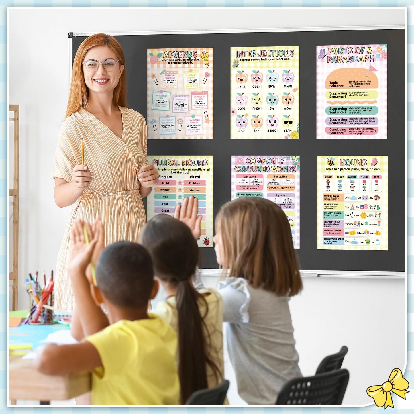 Humyoun 20 Pcs Parts of Speech Poster for Elementary Classroom Grammar Poster Educational English Class Must Have for Elementary Middle School Classroom Decor, 14x11 Inch (Pastel,Gingham)