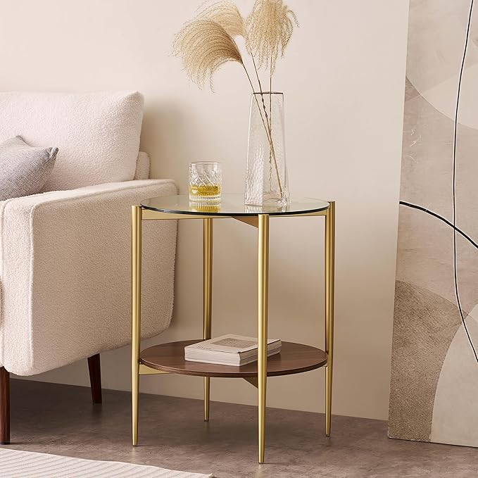 LumFurn Round Glass End Table, Mid-Century Modern Design Sofa Table