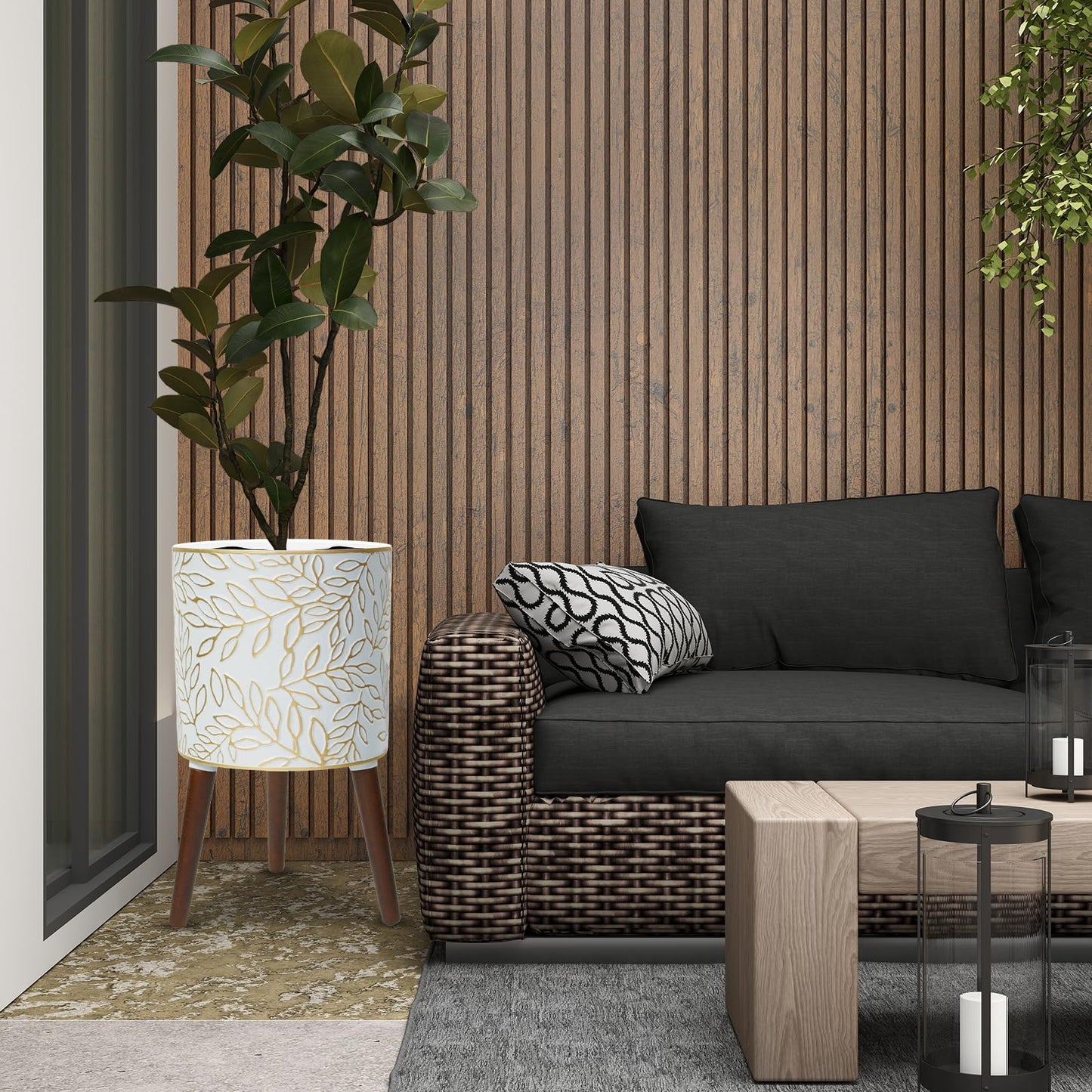 Opnons 12inch Plant Pots with Wood Planter Holder Indoor Flower Pot with Gold Floral Embossed Modern Planters with Drainage Holes for Living Room, Office, Garden or Balcony