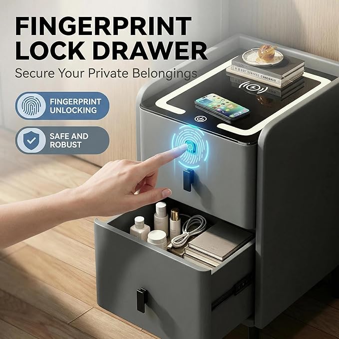Smart Nightstand with Fingerprint Lock Drawers, Wireless Charging Support
