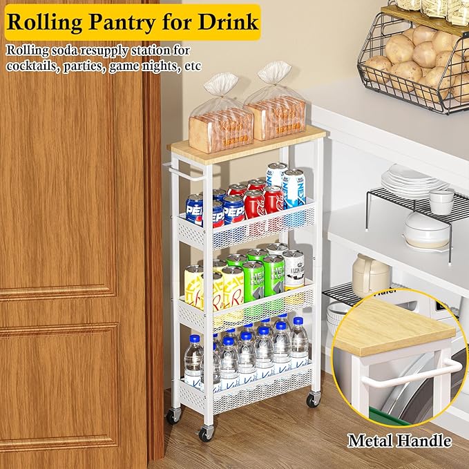 OKZEST Utility Slim Storage Cart, 4 Tier Small Rolling Kitchen Laundry Room Cart