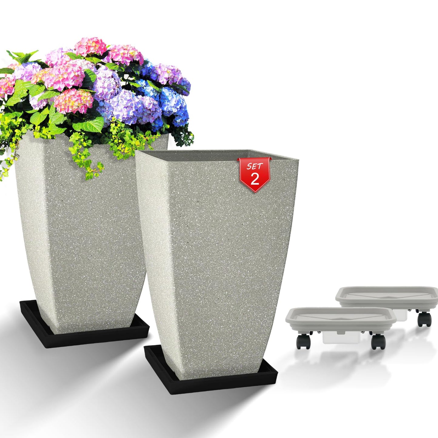 FIASON Set of 2 Large Tall 21 Inch Planter Pots Indoor/Outdoor-Matte Grey Square Flower Planters with Tray for Patio, Front Door, Deck | Weather-Resistant & Lightweight Plastic (Grey)
