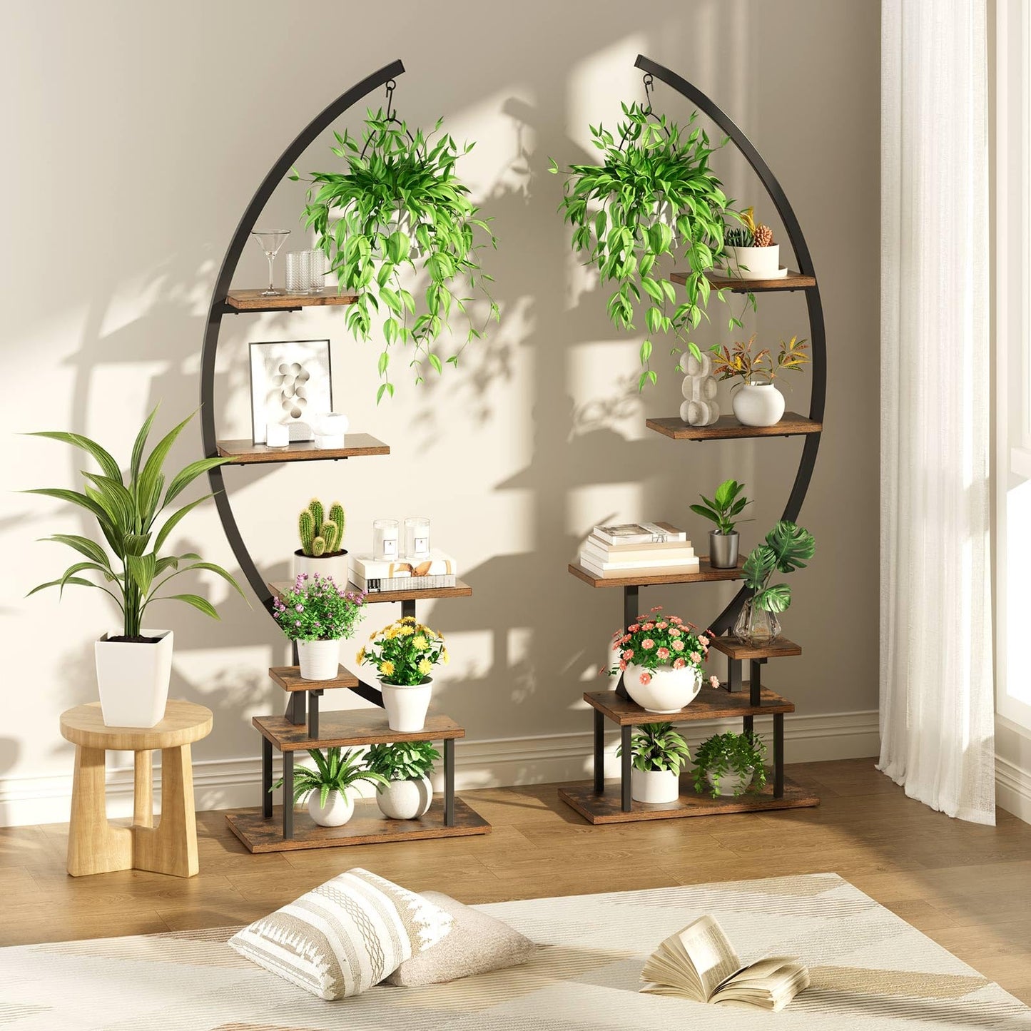 GREENSTELL Plant Stand Indoor with Grow Light, 7-Tiered Tall Metal Plant Stand for Indoor Plants, Half-Moon Shape Display Shelf for Living Room, Balcony, Patio, Brown (2 Pack)