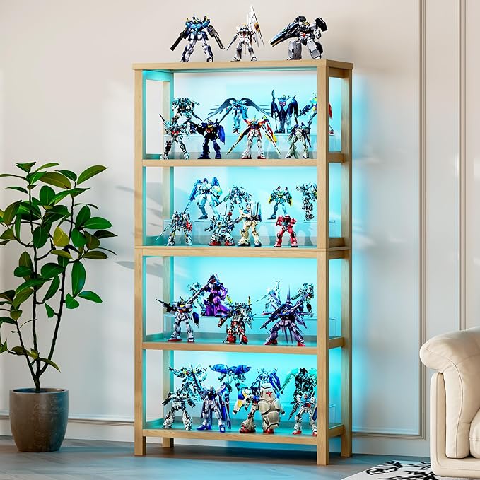 Vlsrka Wooden Bookshelf with Lights, 5 Tier Bookshelf with Storage, Tall
