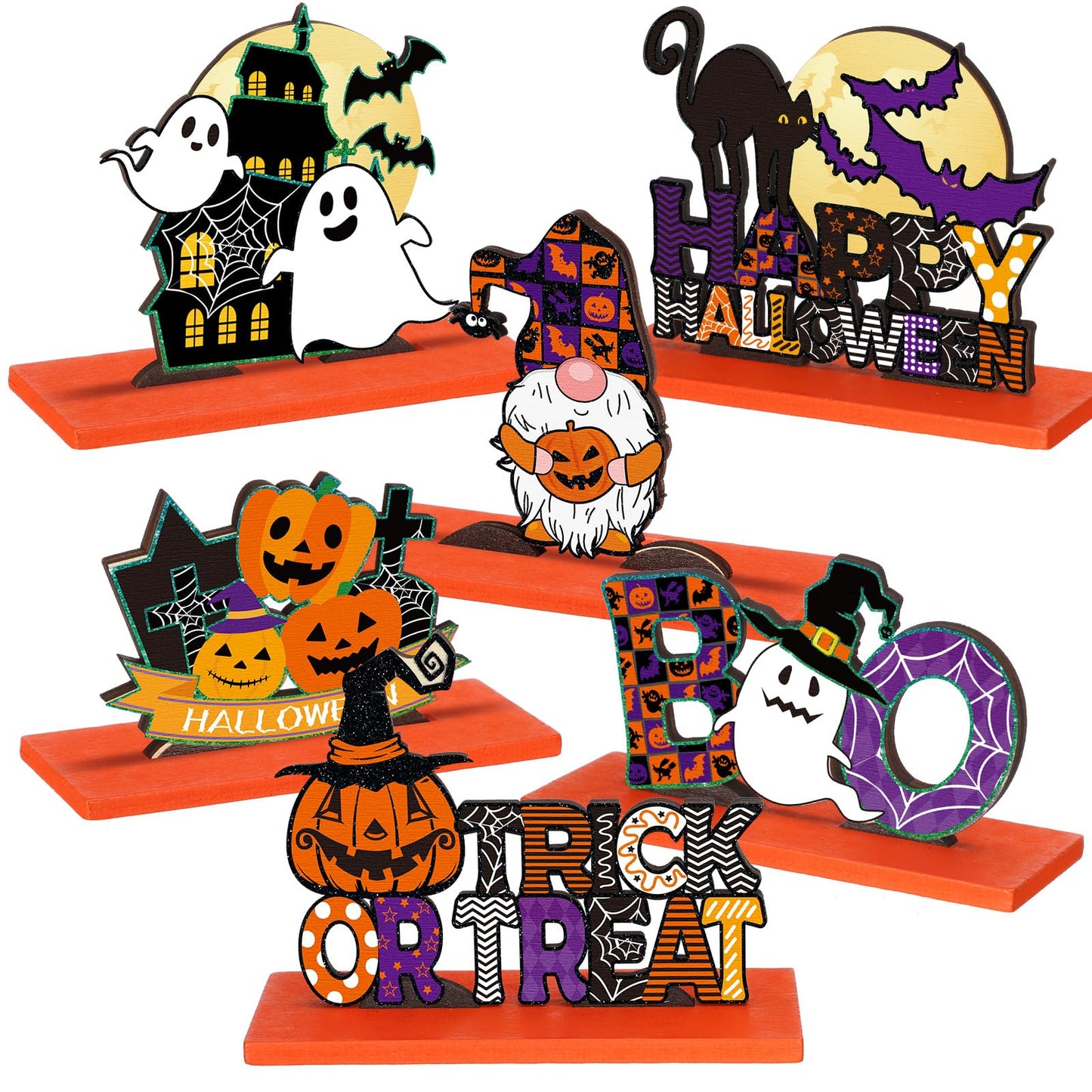 Hoolerry 6 Pieces Halloween Table Decorations Pumpkin Ghost Witch Hat Table Centerpiece Trick or Treat Table Topper Signs for Halloween Table Party Living Room Kitchen Office Bar Decorations