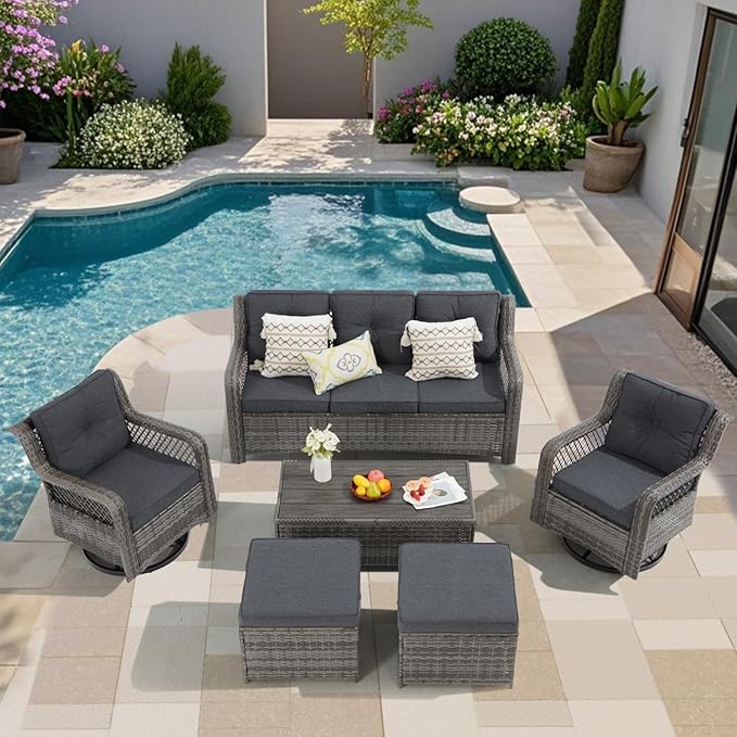 6 Pieces Wicker Patio Furniture Set Conversations Sets, 2 Outdoor 360° Swivel