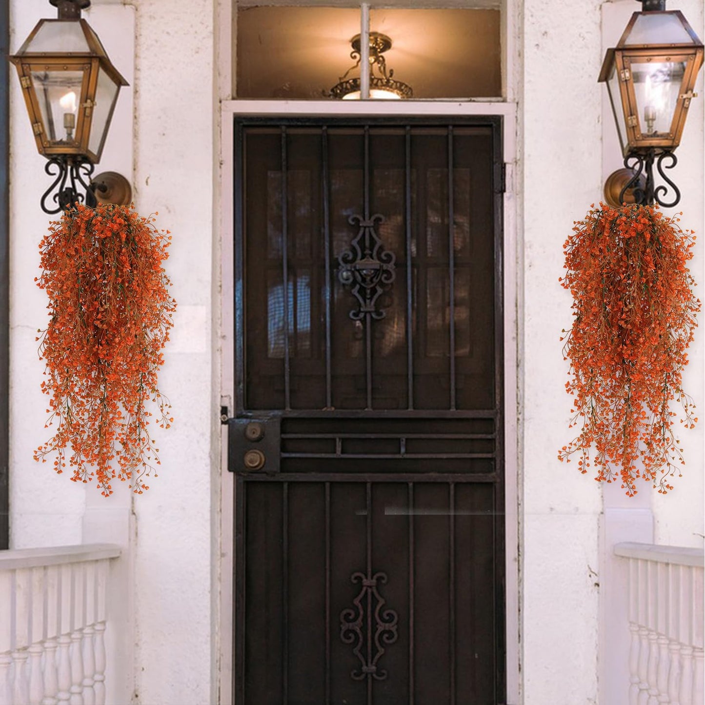 RECUTMS Fall Artificial Hanging Plants 4 Pcs Autumn Fake Ferns Artificial Plants Large Faux Hanging Plant Wall Thanksgiving Room Home Garden Wedding Party Indoor Outdoor Decor(Fall Orange)