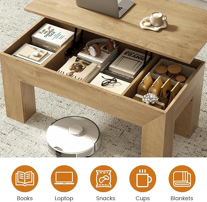 FABATO 41.7'' Lift Top Coffee Table, Wooden Rectangle Coffee Table with Hidden Storage, Large Center Table Adjustable Height Sofa Table for Living Room Office Apartment, Wood