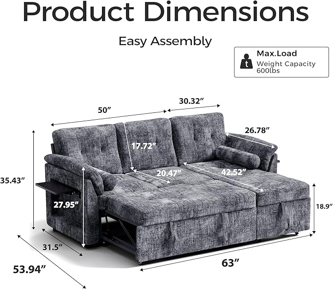 Convertible Sleeper Sofa Bed, 63 Inch Chenille Pull Out Couch